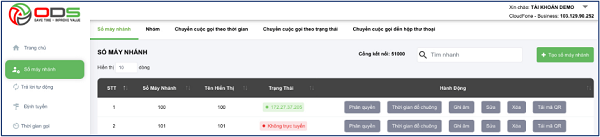Giao diện và nút tạo số máy nhánh 