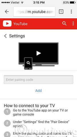 Truy cập vào địa chỉ youtube.com/pair trên smartphone