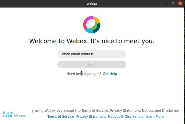 Màn hình chào mừng Webex