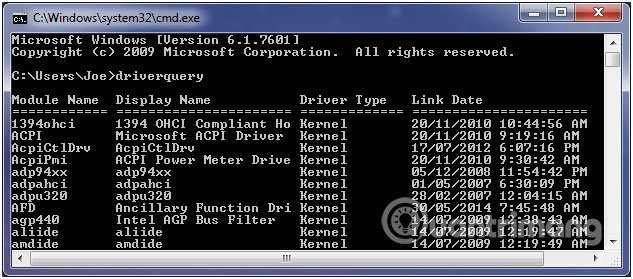 Nhập lệnh driverquery