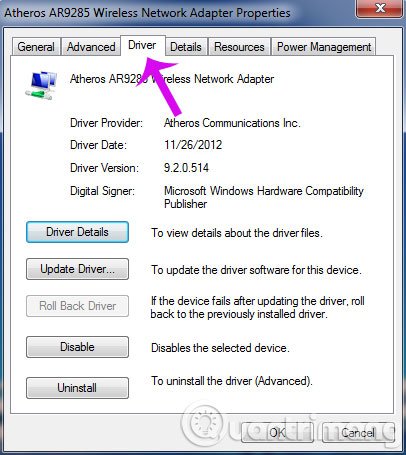 Chuyển sang tab Driver