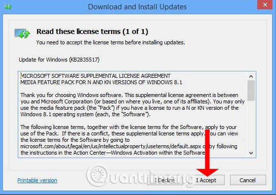 Đồng ý với điều khoản của Microsoft