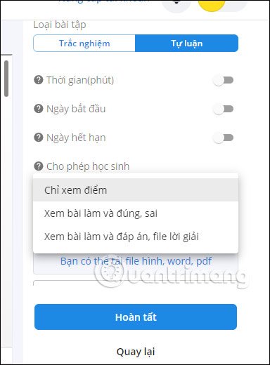 Tùy chỉnh chế độ cho bài tập