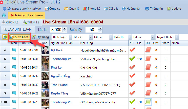 Cách chốt đơn hàng trên livestream
