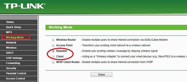 Vào Working Mode và chọn chế độ Repeater hoặc Client