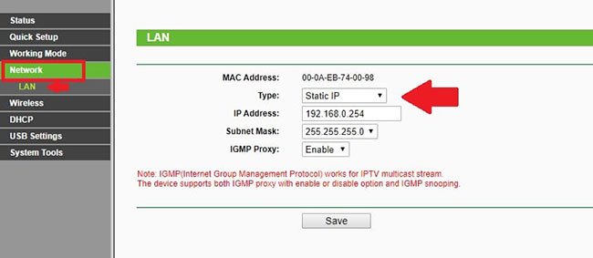Đi tới Network > LAN và thay đổi địa chỉ IP
