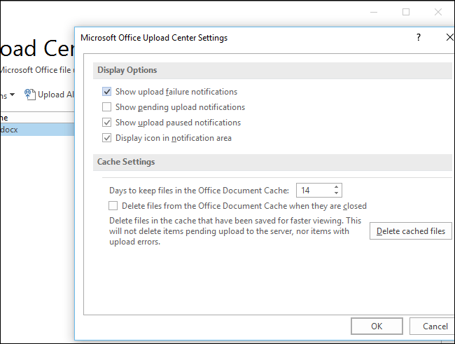 Nếu muốn ẩn Office Upload Center, bạn bỏ tích tùy chọn Display icon in notification area