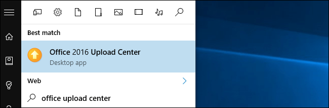 nhập từ khóa Office Upload Center vào khung Search trên Start Menu