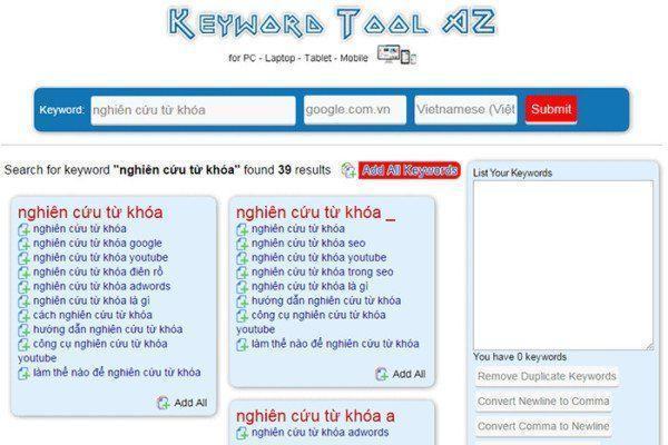 Tool tạo thẻ tag miễn phí không tốn thời gian: Keywordtoolaz