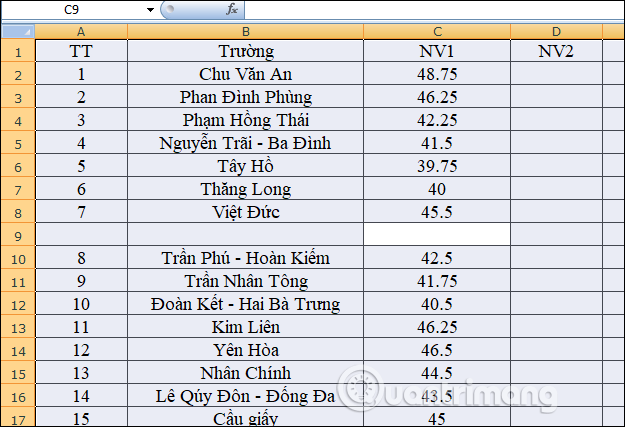 Chọn bảng tính