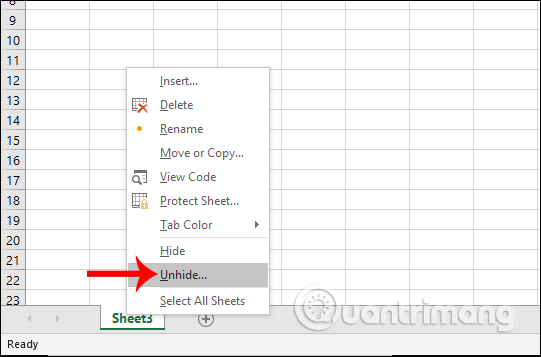 Hiển thị lại sheet Excel 2019