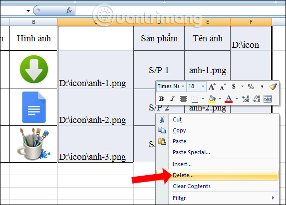 Xóa cột Excel