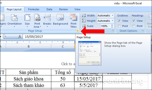 Nhấn chọn Page Setup 
