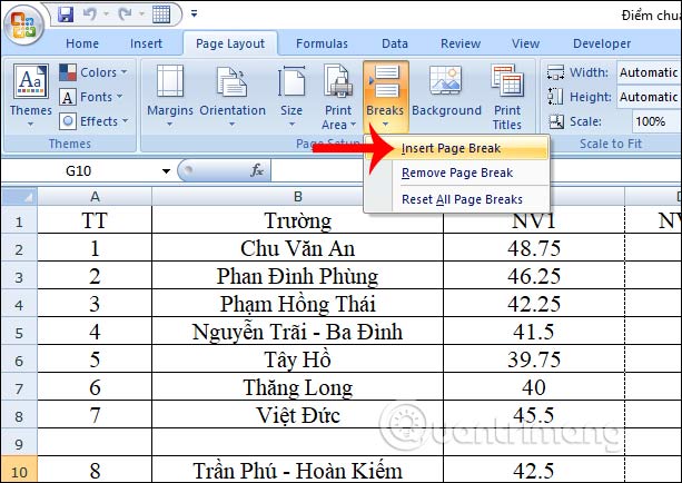 Ngắt trang tính Excel