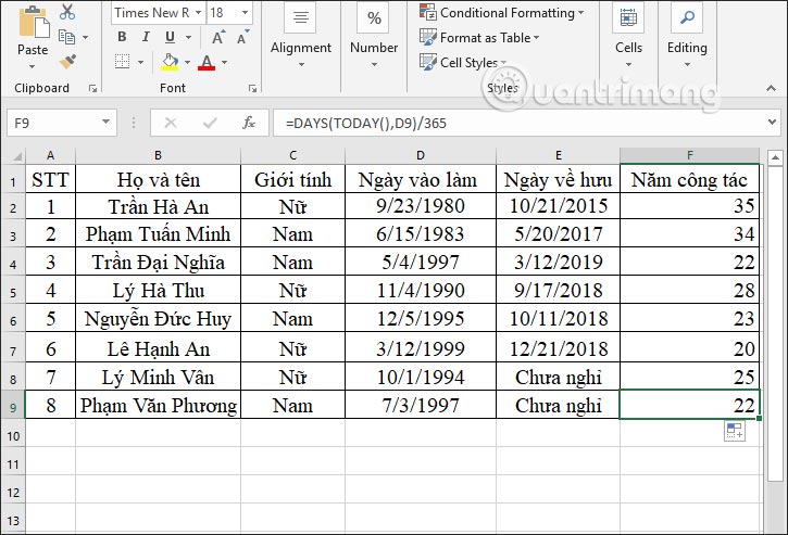Số năm công tác của người chưa nghỉ hưu