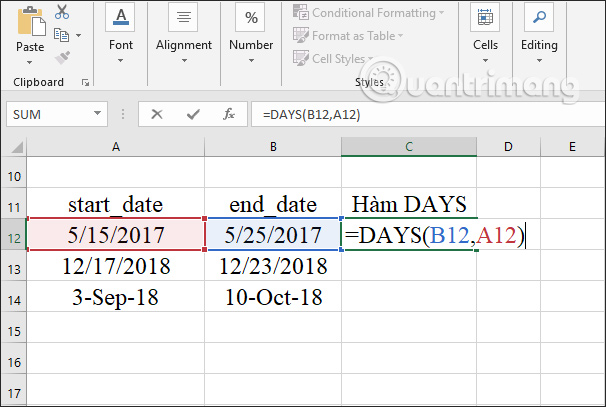 Nhập công thức hàm DAYS