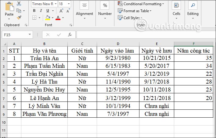 Tính số năm người chưa nghỉ hưu