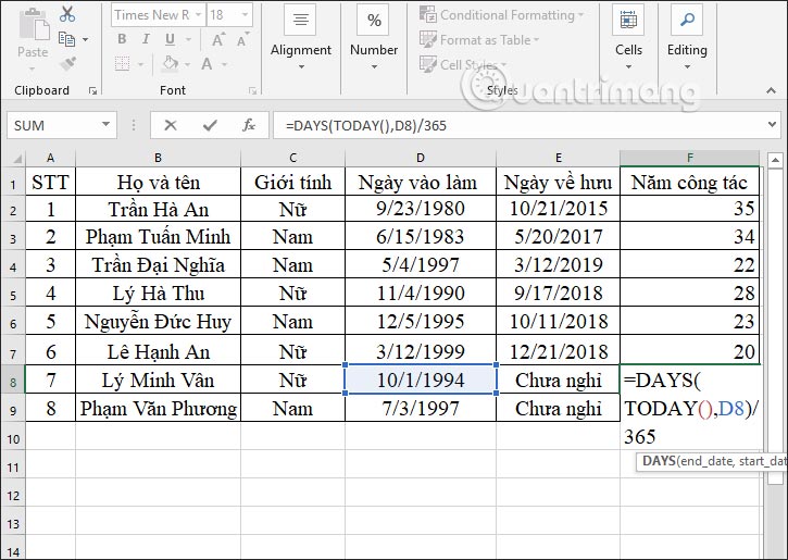 Công thức tính năm người chưa nghỉ hưu