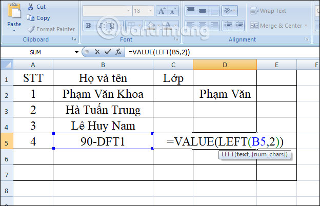 Hàm LEFT với VALUE