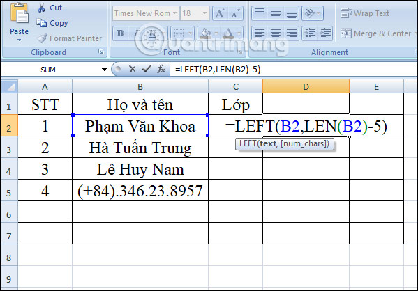 Hàm LEFT với LEN