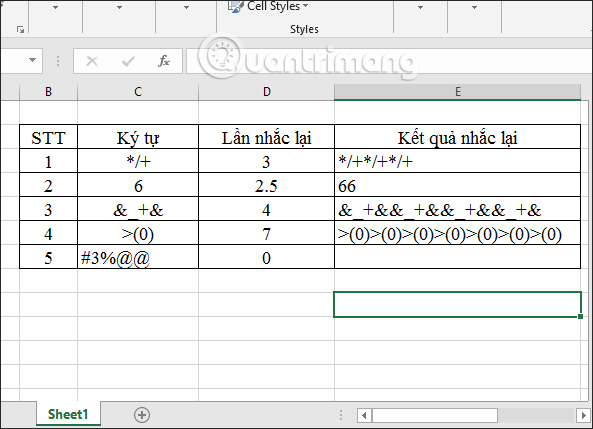Kết quả lặp lại hàm REPT