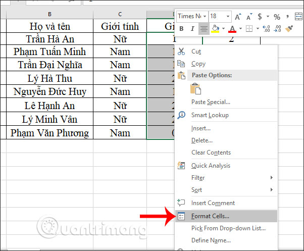 Chọn Format Cells