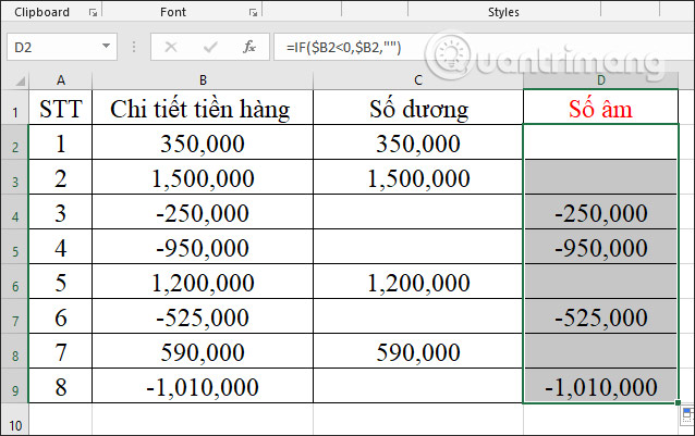 Hiện kết quả số âm