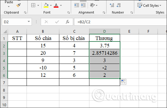 Kết quả phép chia