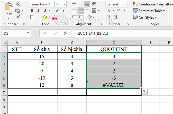 Kết quả hàm QUOTIENT