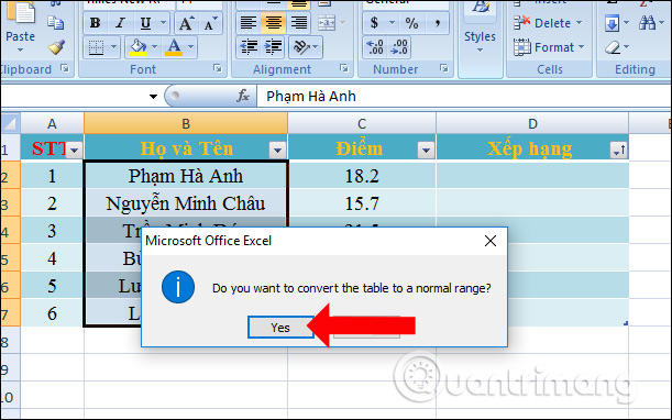 Thông báo chuyển về định dạng thường 