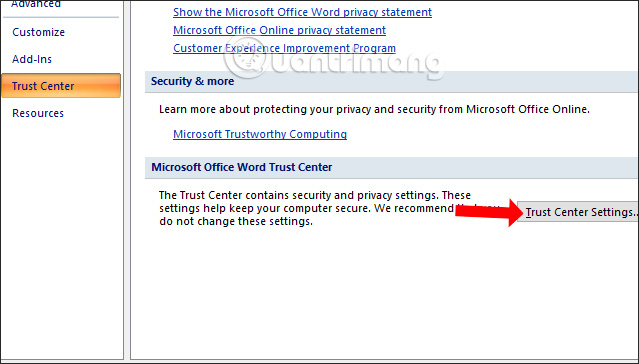 Trust center settings