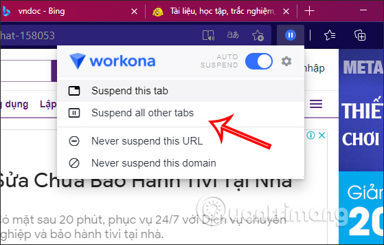 Tùy chọn đóng tab 