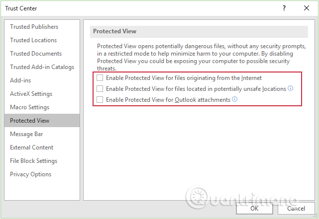 Bỏ tích trước các tùy chọn để vô hiệu hóa Protected View