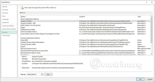 Ở dưới cùng của cửa sổ, chọn menu drop-down Manage, sau đó chọn Excel Add-ins, rồi bấm Go