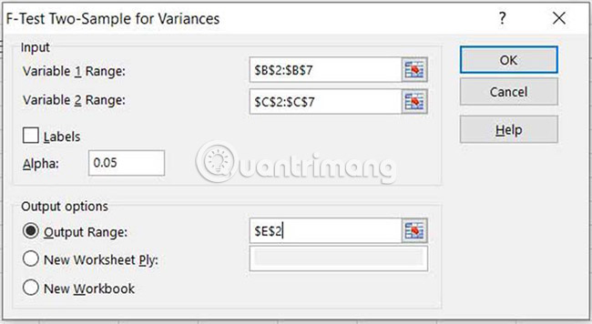 Chọn Variable 1 Range và Variable 2 Range, đặt Alpha