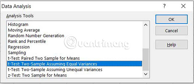 Chọn t-Test: Two-Sample Assuming Equal Variances hoặc t-Test: Two-Sample Assuming Unequal Variances