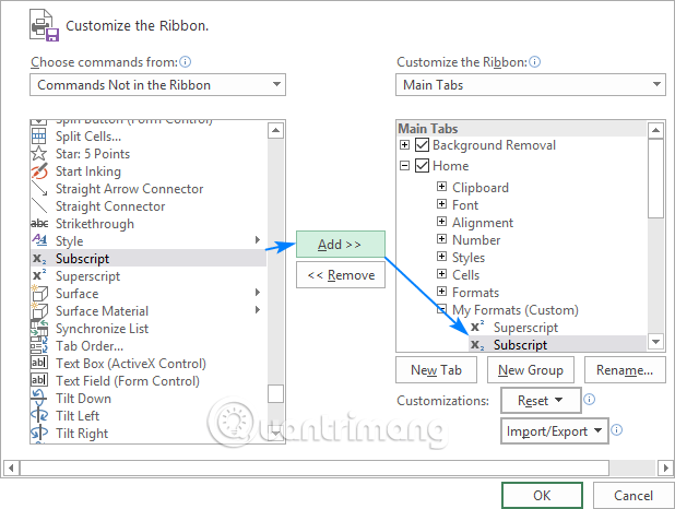 Thêm chỉ số trên và chỉ số dưới trong ribbon