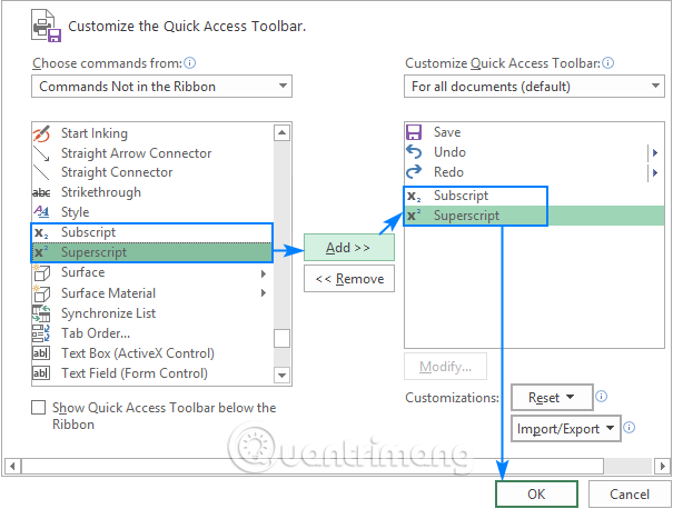 Subscript và Superscript được thêm vào Quick Access Toolbar