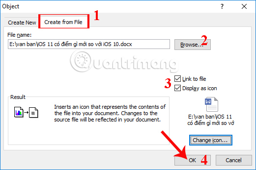 Chèn file Word có sẵn trong Excel