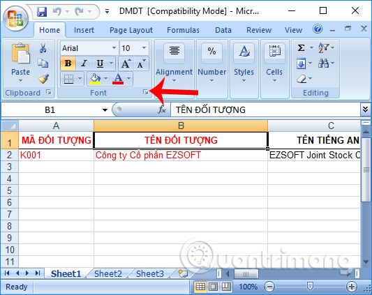 Chọn mục Font trên Excel