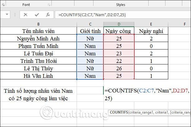 Tính số lượng Nam 25 ngày công