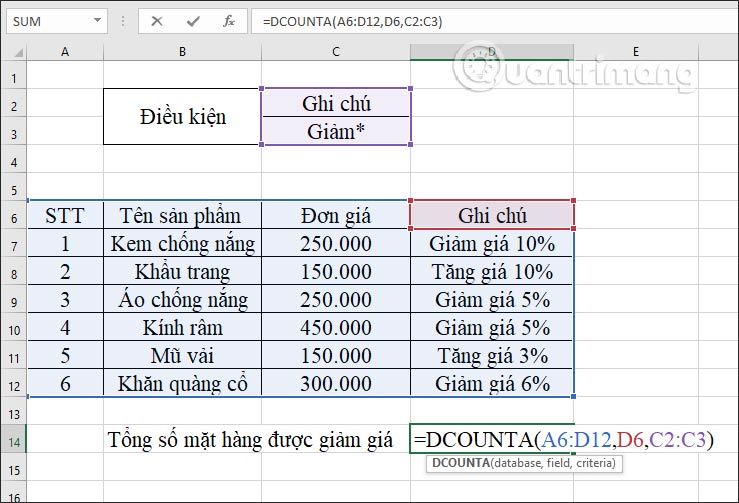 Tính mặt hàng giảm