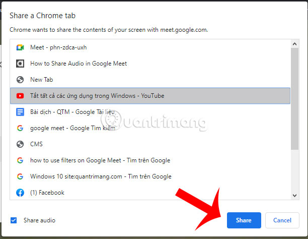 Nhấp vào Share