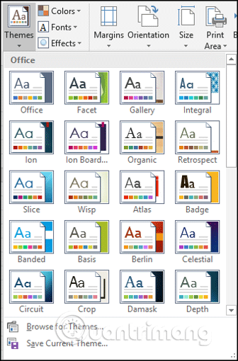 Danh sách theme của Excel 