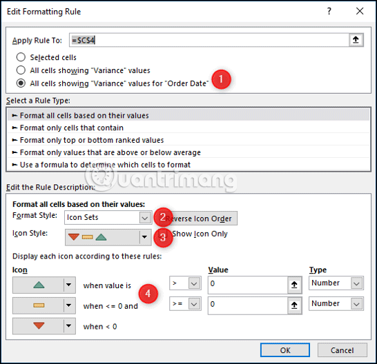 Thay đổi các tùy chọn trong Edit Formatting Rule