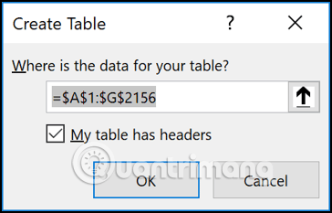 Hộp thoại Create Table 