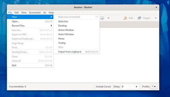Các tùy chọn có sẵn bao gồm Selection, Active Window, Desktop, Select Window, Menu, Tooltip và Web