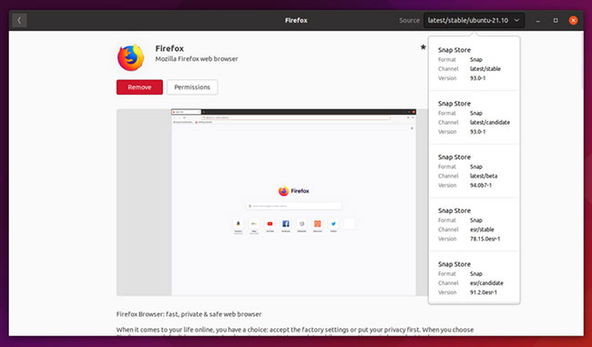 Firefox được cung cấp dưới dạng một snap
