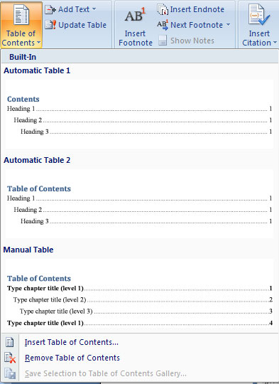 Chọn Table of Contents