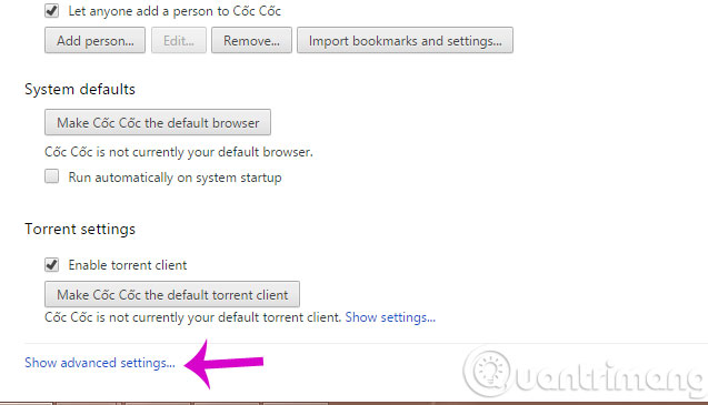 Nhấn Show advanced settings
